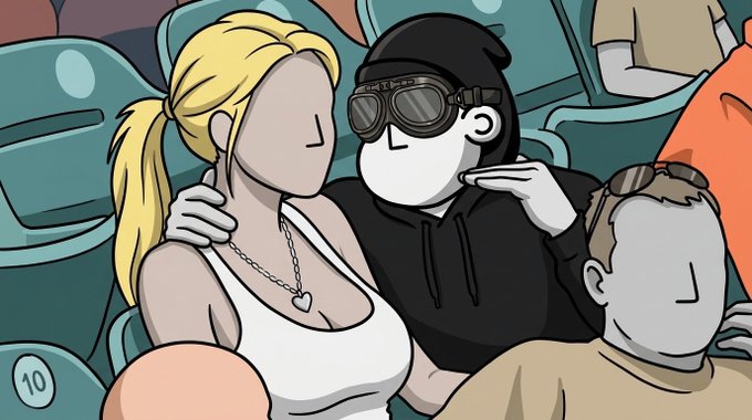 An animated illustration of a person in a black hoodie, cap, and goggles with their hand on a blonde woman's shoulder, seated in what appears to be stadium or theater seating.