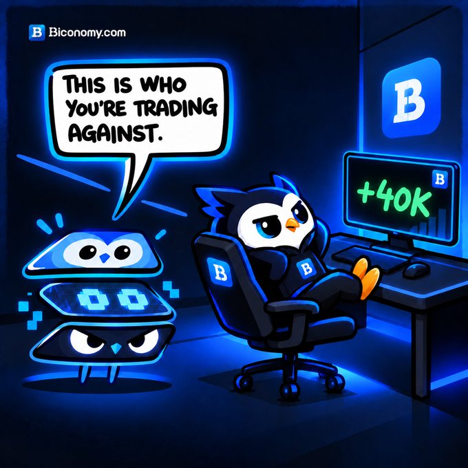 An advertisement for Biconomy.com features a cartoon owl character sitting in a gaming chair saying 'THIS IS WHO YOU'RE TRADING AGAINST' next to a monitor showing '+40K'.