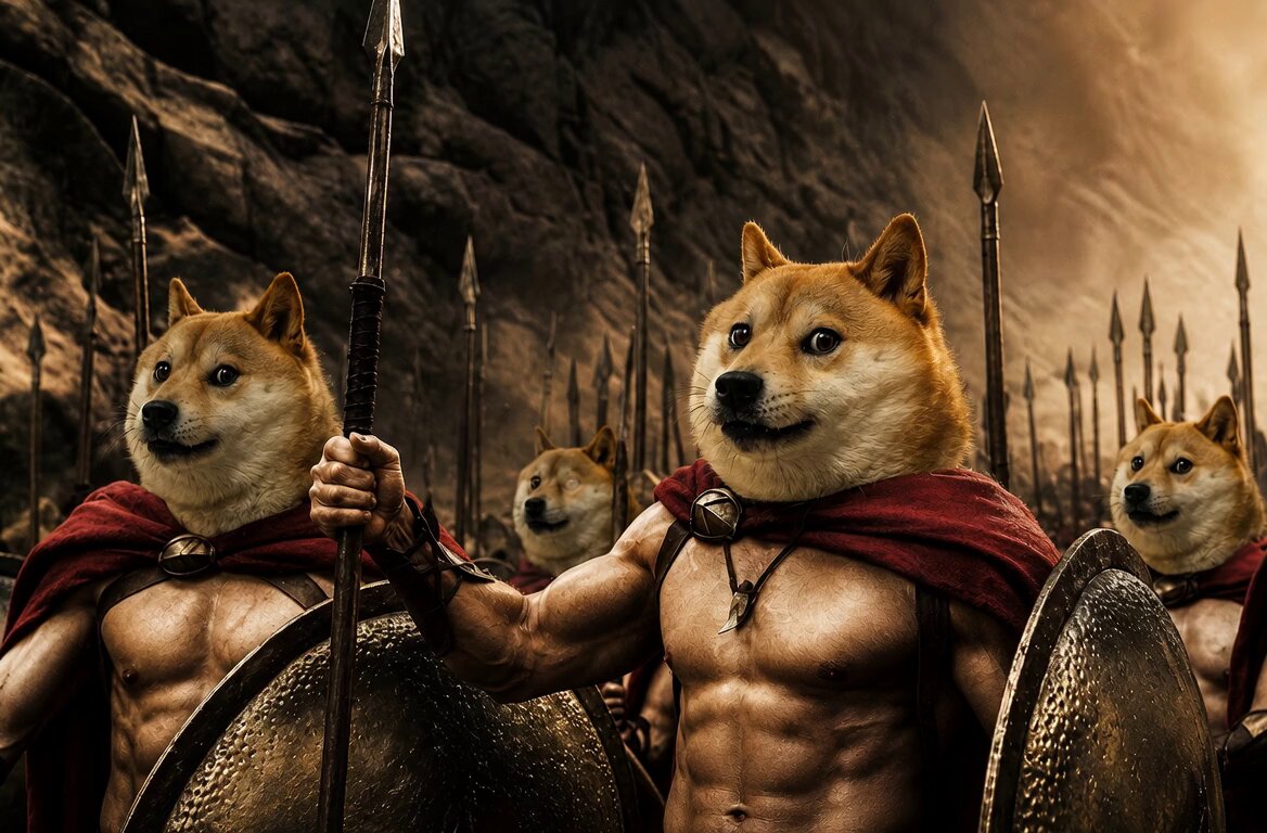 The image features a group of five Shiba Inu dogs dressed up as ancient Roman soldiers, each wearing armor and holding spears. The dogs are standing next to each other, creating an interesting and humorous scene that combines elements of both history and modern-day humor.