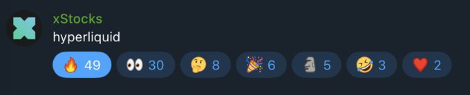 A Discord message from "xStocks" in the "hyperliquid" channel shows reaction emojis totaling 103 (49🔥, 30👀, 8🤔, 6🎉, 5💨, 3😂, 2❤️), celebrating the launch of a tokenized stock deployer on HyperCore as mentioned in the accompanying post.