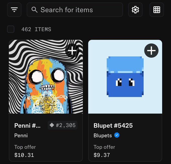 An NFT marketplace interface displaying 462 items, featuring a colorful 'Penni' artwork with a top offer of $10.31 and a pixelated blue 'Blupet #5425' with a top offer of $9.37.