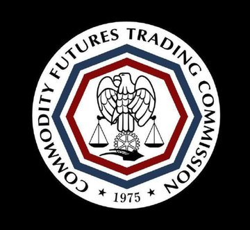 Official seal of the Commodity Futures Trading Commission, established in 1975, featuring an eagle, scales of justice, and a gear inside a red and blue hexagonal border.