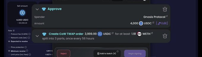 A digital wallet interface showing a swap transaction with an 'Approve' step for 'Gnosis Protocol' to spend 4,000 USDC, followed by creating a CoW TWAP order for 3,999.99 USDC split into 3 parts every 56 hours.
