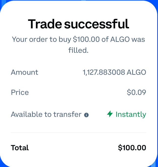 A mobile trading confirmation screen showing a successful buy of 1,127.883008 ALGO at $0.09 each for a $100.00 total, with the crypto available to transfer instantly—visually reinforcing the "packing my own bags" post as the user takes direct custody of their own crypto rather than relying on a centralized exchange.