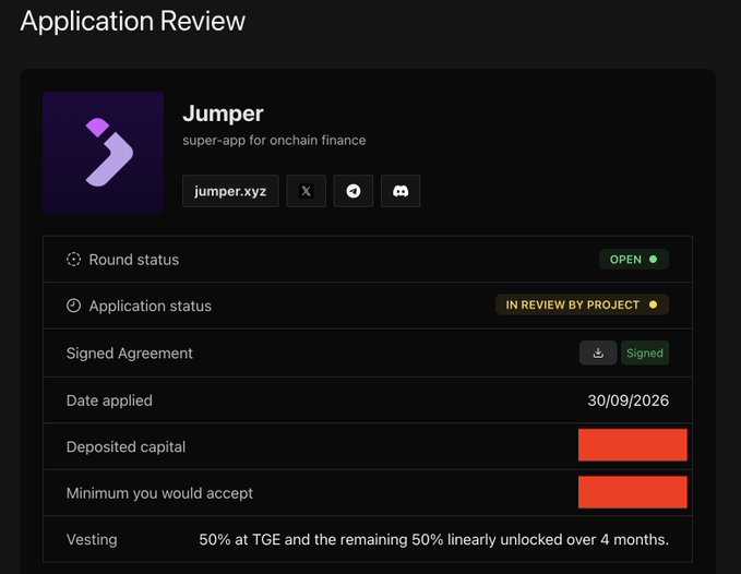 A screenshot of an "Application Review" page for the Jumper (jumper.xyz) ICO application, showing it was submitted on 30/09/2026 with the round open and signed agreement completed. The image visually confirms the poster's claim of submitting their biggest ICO application for the $JUMP token, though the deposited capital and minimum acceptance fields are redacted with orange bars.