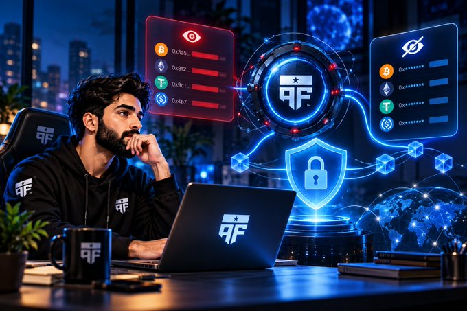 A man sitting at a desk with a laptop displaying the 'PF' logo, surrounded by holographic cryptocurrency-related graphics including shields, coin listings, and blockchain visuals.