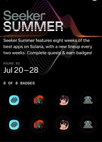 The image is a promotional graphic for "Seeker Summer" featuring Round 02 (July 20-28) on Solana, showcasing 8 badges from apps including Moonwalk Fitness, Gorecats, Cube Crush, and Gable Guardians—matching the apps mentioned in the post as favorites.