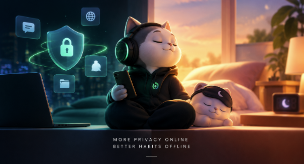 A similar advertisement to the previous image featuring a cat character in headphones using a smartphone with floating privacy and security icons, accompanied by a sleeping puppy on a bed at sunset.