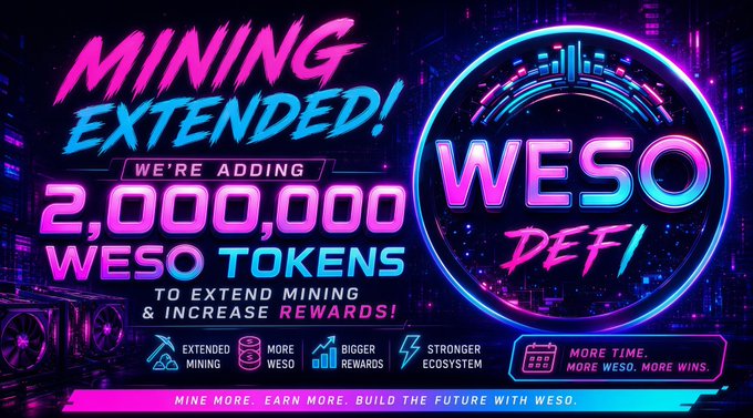 The image features a poster with a vibrant background of neon colors, including shades of pink, blue, and purple. The poster displays text that reads "Mining extended! We're adding 2,000,000 tokens to the mining rewards pool!". The poster also includes an illustration of a coin or token, possibly representing the tokens being added to the rewards pool. The overall design is eye-catching and visually appealing, with the use of neon colors and bold text making it stand out.