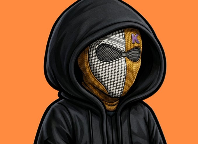 An illustration of a hooded figure wearing a black hoodie and an orange, white, and black mask with a purple 'K' logo on the forehead, set against an orange background.