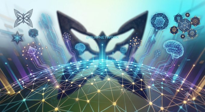 A digital artwork features a butterfly silhouette over a glowing network globe with floating brain and geometric icons, watermarked '©QUII.NETWORK'.