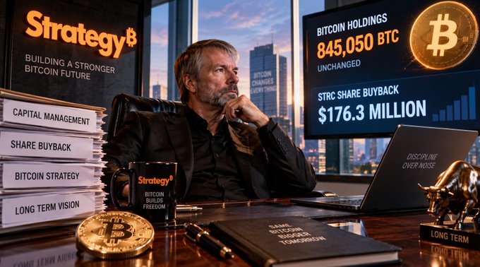 A man in a suit sits at a desk in an office with a 'Strategy' sign, while screens display 'BITCOIN HOLDINGS 845,050 BTC UNCHANGED' and 'STRC SHARE BUYBACK $176.3 MILLION'.
