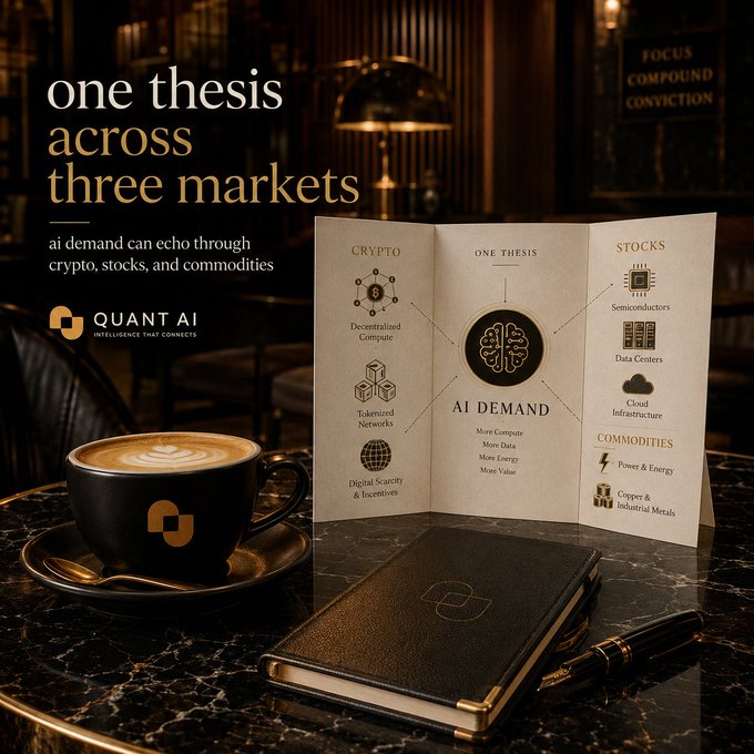 The image shows an elegant desk scene featuring a coffee cup and notebook alongside a tri-fold infographic titled "one thesis across three markets," which illustrates how "AI DEMAND" ripples through crypto (Decentralized Compute, Tokenized Networks, Digital Security & Incentives), stocks (Semiconductors, Data Centers, Cloud Infrastructure), and commodities (Power & Energy, Copper & Industrial Metals), branded by "Quant AI."

This visual reinforces the post's point by showing that inflation's impact isn't isolated to one asset class—the same underlying driver creates distinct but interconnected opportunities and pressures across commodities, equities, and crypto, making single-chart narratives inadequate for understanding the broader market picture.