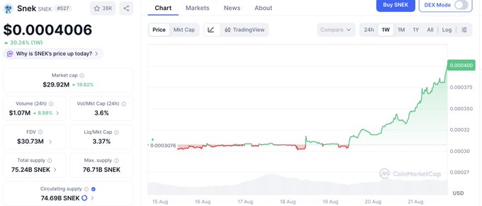 A CoinMarketCap price chart for $SNEK token showing a value of $0.0004006 with a 30.24% increase and a market cap of $29.92M, with price trending sharply upward.