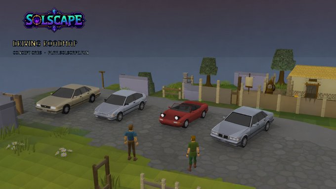 A promotional screenshot for "SOLSCAPE" concept art by "OMEN.SOLSCAPER," featuring blocky, RuneScape-style 3D models of characters and four parked cars. The image ironically mirrors the post's critique of the crypto market: a low-effort, derivative-looking game project is highlighted as an example of a struggling 27k market cap, contrasted against KOL-hyped projects reaching 40m valuations despite offering little substance.