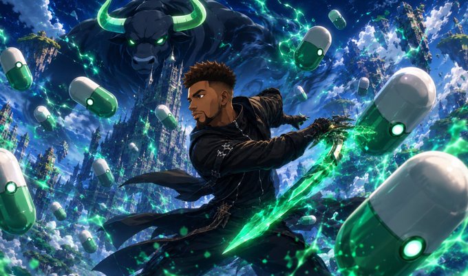 The image depicts an anime-style character wielding a glowing green energy blade, surrounded by floating green-and-white capsules, with a massive dark bull silhouette looming in the sky over a fantastical crystalline landscape. It evokes the feeling of a dramatic "airdrop" event, fitting the post's promotion of dropping the $ANSEM token to followers' wallets.
