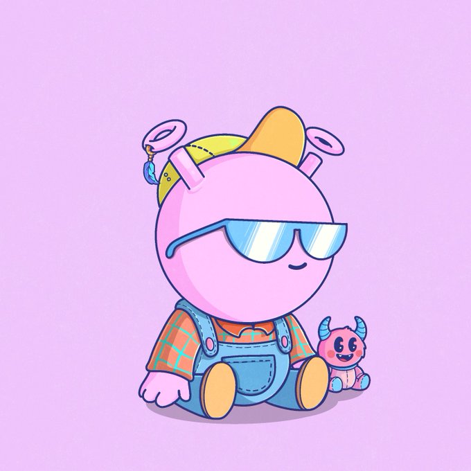 A cartoon illustration of a pink character wearing blue sunglasses, a propeller beanie, and denim overalls, sitting next to a small pink monster toy on a purple background.