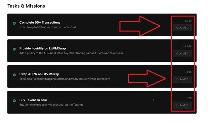 The image shows a "Tasks & Missions" dashboard with four completed tasks marked with green checkmarks: Complete 50+ Transactions (+1,250), Provide liquidity on LitVMSwap (+1,400), Swap AURA on LitVMSwap (+950), and Buy Tokens in Sale (+20), all displaying a "CLAIMED" status highlighted by red arrows. This relates to the Aura Airdrop ZERO campaign by showing users the rewards they can claim for completing community engagement tasks across the Testnet.