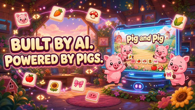 A vibrant promotional banner for 'Pig and Pig' featuring cartoon pigs, farm-themed icons (carrot, corn, mushroom, sunflower), and the bold text 'BUILT BY AI. POWERED BY PIGS.'