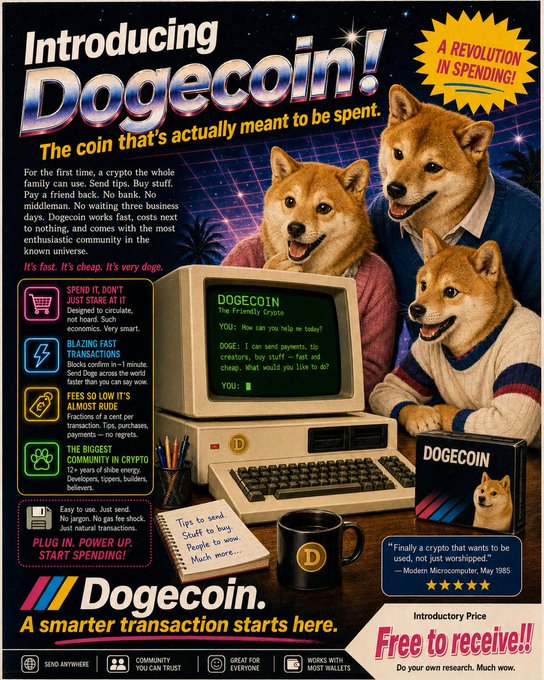 A retro-style 80s advertisement for Dogecoin featuring three Shiba Inu dogs wearing sweaters around a vintage computer displaying a Dogecoin chat, with text proclaiming 'Introducing Dogecoin! The coin that's actually meant to be spent.'