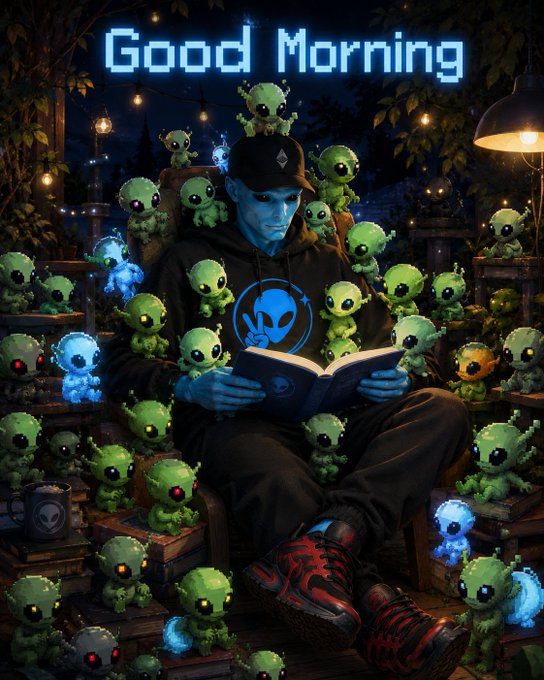 A blue-skinned figure wearing a black cap and hoodie reads a book with an alien logo, surrounded by numerous small green and blue alien creatures, with the pixelated text 'Good Morning' at the top.
