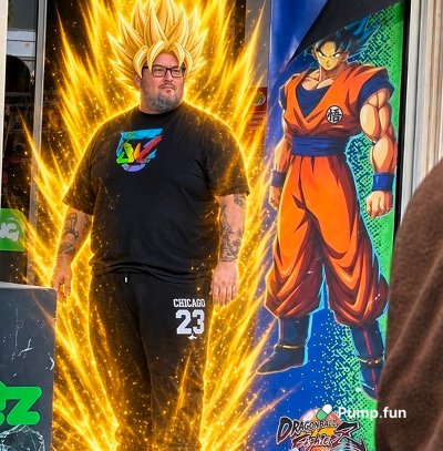 A man with spiky blonde anime hair and a "Chicago 23" outfit stands between an anime poster and a green screen, embodying the $PIERRE meme format that's spreading on TikTok for its easy replication and broad appeal.