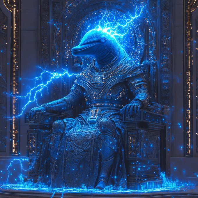 A fantasy digital artwork depicting an armored dolphin figure seated on an ornate throne, surrounded by blue lightning and glowing runes.