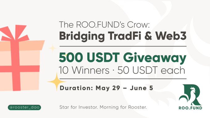 The image features a poster for an event called "The RooFund's Crow: Bridging TradFi & Web3". The poster includes a gift box with a bow, which is placed near the top left corner of the poster. The main content of the poster is about a 500 USDT giveaway that has been opened to 10 winners and 50 USDT each day for 5 days starting from May 29th.