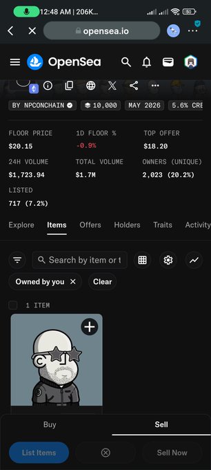 A mobile screenshot of the OpenSea.io website showing NFT collection statistics for 'BY NPCONCHAIN', including a floor price of $20.15, total volume of $1.7M, and 2,023 unique owners, with one item displayed.