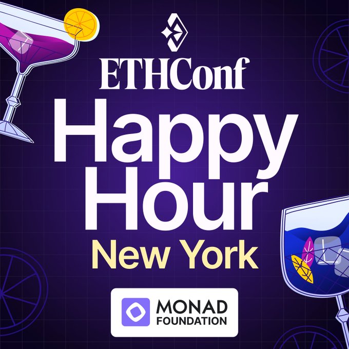 The image features a purple background with white text that reads "Happy Hour New York" followed by a list of drinks including a martini glass, champagne flute, and wine glass. The phrase "ETHConf Happy Hour New York" is also present in the image.