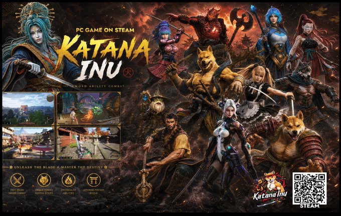 Promotional banner for the PC game "KATANA INU: Blood Ability Combat," available on Steam, featuring samurai, warriors, and Shiba Inu characters alongside gameplay screenshots highlighting features like fast-paced combat, unique heroes, PvP, and Japanese village battlegrounds. The post promotes $KATA at the AIBC and SIGMA World events in Rome (November 2–5, 2026), tying the gaming project's marketing material to their upcoming booth appearance in the Web3 Hall at Booth 7456.