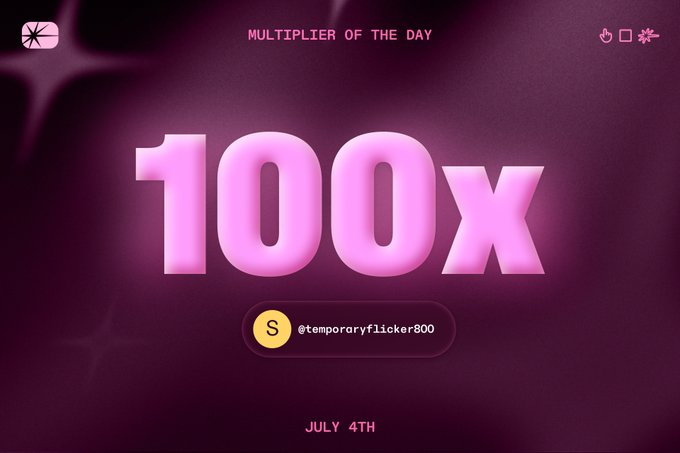 A neon pink "Multiplier of the Day" screen displays a 100x multiplier for user @temporaryflicker800 on July 4th, visually emphasizing the "100x run" humorously mentioned in the Euphoria.fi degen trading post.