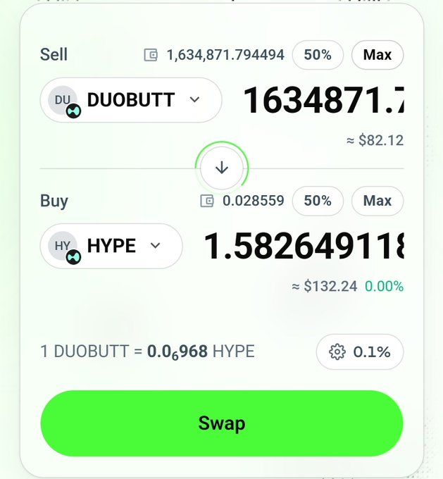 A cryptocurrency swap interface showing the exchange of DUOBUTT for HYPE, with 1,634,871.79 DUOBUTT (~$82.12) being sold to receive 1.582649118 HYPE (~$132.24) at a rate of 1 DUOBUTT = 0.000968 HYPE, with a 0.1% slippage setting and a green Swap button at the bottom.
