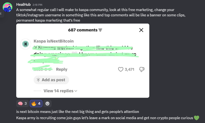 A Discord message from user 'HealHub' proposing a free marketing idea for the Kaspa community, showing a TikTok comment from 'Kaspa isNextBitcoin' with 3,471 likes and 687 comments, encouraging users to add 'Kaspa' to their TikTok/Instagram usernames.
