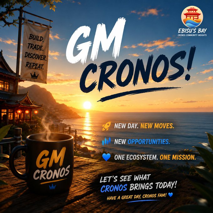 'GM CRONOS!' motivational graphic from Ebisu's Bay featuring a sunrise over an ocean with a coffee mug, promoting Cronos community insights with the tagline 'BUILD. TRADE. DISCOVER. REPEAT.'