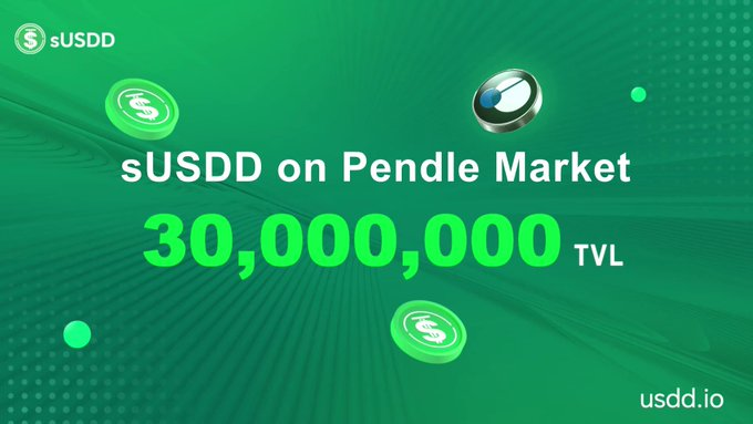 The image is a green promotional graphic announcing "sUSDD on Pendle Market" with a milestone of "30,000,000 TVL," featuring the sUSDD logo, a coin icon, and the website usdd.io. It visually reinforces the post's message of transparency and multichain expansion by highlighting a specific on-chain milestone that users can verify in real time.