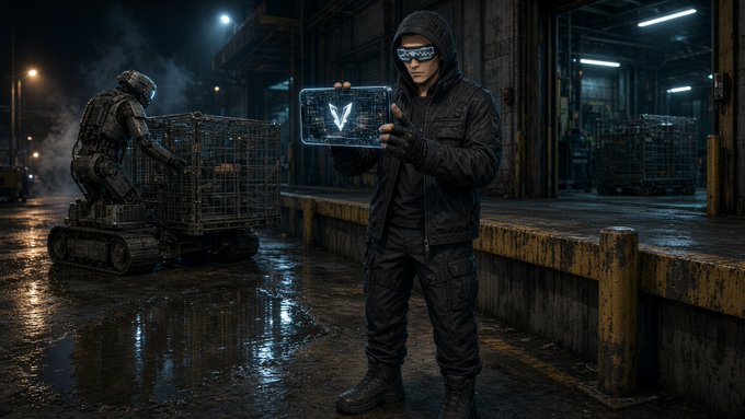 A hooded figure wearing a head-mounted display and dark tactical gear holds a glowing holographic tablet displaying a 'V' symbol, while a robot operates a wire cage in a dimly lit, wet industrial facility.