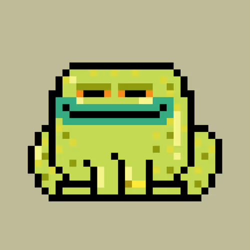 Pixel art illustration of a green, wide-mouthed frog-like creature with orange eyes on a pale yellow background.