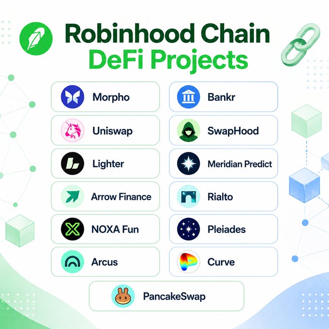 An infographic titled 'Robinhood Chain DeFi Projects' listing platforms including Morpho, Bankr, Uniswap, SwapHood, Lighter, Meridian Predict, Arrow Finance, Rialto, NOXA Fun, Pleiades, Arcus, Curve, and PancakeSwap.