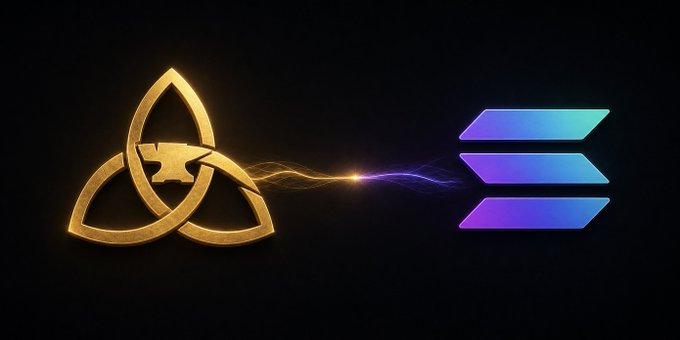 A logo graphic showing a golden trinity knot with an eagle emblem on the left, connected by glowing energy waves to the purple and blue Solana logo on the right.