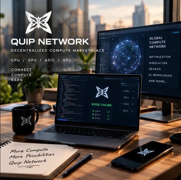 Promotional image for 'QUIP NETWORK' described as a 'DECENTRALIZED COMPUTE MARKETPLACE' showing a workspace with a laptop displaying 'NODE ONLINE' alongside a city view.