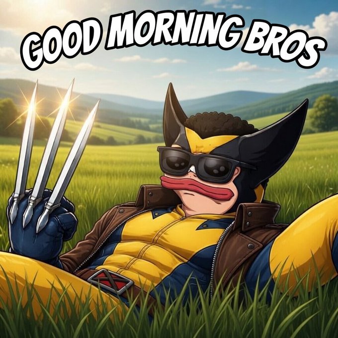 A digital illustration of a cartoon superhero resembling Wolverine lying in a grassy field. The character wears a yellow and blue suit, sunglasses, and has three metal claws extended from his right hand, with the text 'GOOD MORNING BROS' at the top.
