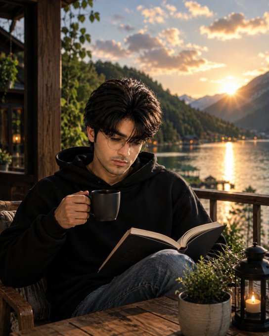 A young man with dark hair and glasses reads a book while holding a black mug, sitting outdoors at sunset by a lake with mountains in the background.