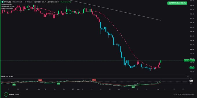 The image is a candlestick chart of BCH/USD on the daily timeframe, showing a strong downtrend with prices declining from around $500 to lows near $240, before a recent bullish reversal candle forms as price approaches $245. Key indicators include the Sniper Candles overlay (with the MA $137.06 flipping green, suggesting a bullish signal), Auto Trendlines, and a Stoch RSI at 54.98 crossing above 50—aligning with the post's claim of a bullish Sniper MA flip and RSI confirmation on the daily chart.