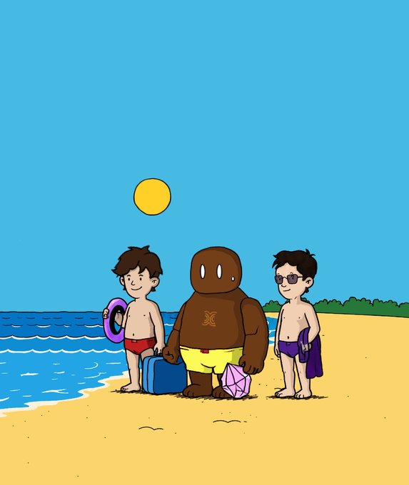 A cartoon illustration shows two boys in swim trunks and a brown creature standing on a beach with beach toys under a bright sun.