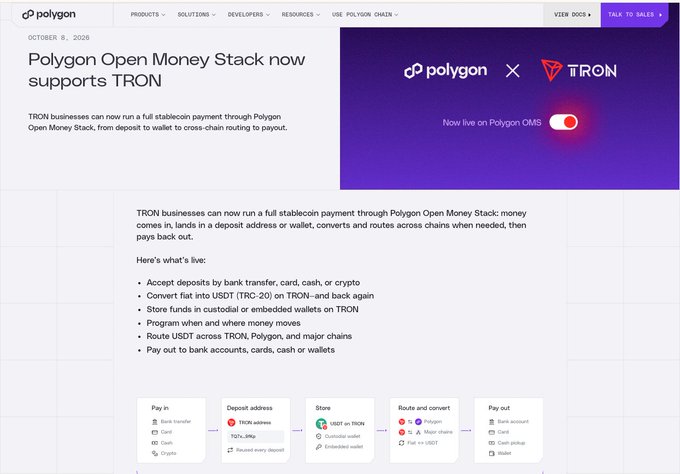The image is a Polygon announcement dated October 8, 2026, titled "Polygon Open Money Stack now supports TRON," detailing that TRON businesses can process stablecoin payments through Polygon's system, including accepting deposits, converting USDT (TRC-20) to fiat, and routing across chains.

The post and image together suggest TRON (Sun) integrating its token ecosystem with broader Web3 infrastructure like Polygon's payment stack, implying that tokens like TRX, HTX, SUN, JST, and BTT may converge into a unified cross-chain payment and utility framework.