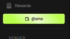 A mobile app interface showing a 'Rewards' section with a green button displaying '@sms'.