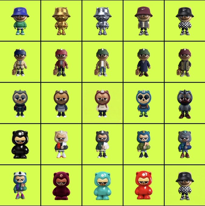 A grid of 25 stylized toy figurines on a green background, featuring various designs including characters in bucket hats, hoodies, and animal-themed costumes like sharks and bears.