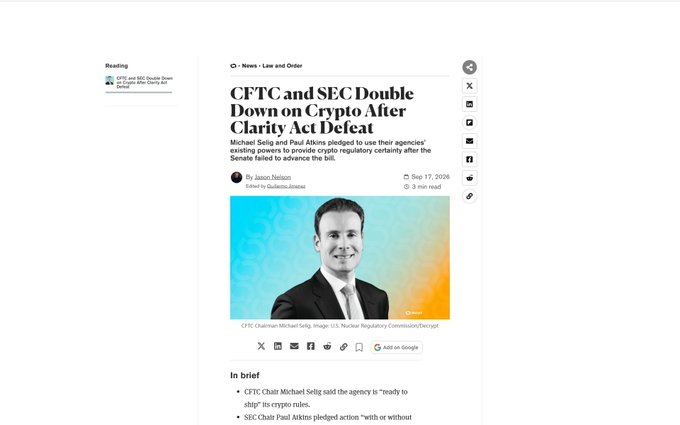 News article titled "CFTC and SEC Double Down on Crypto After Clarity Act Defeat" by Jason Nelson on Substack.
