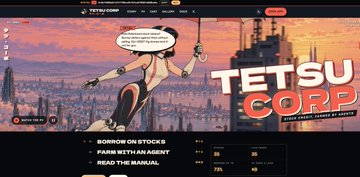 A website screenshot features an anime-style image and the large title “TETSU CORP,” with smaller visible text including “BORROW ON STOCKS,” “PARN BETH IS NOT REAL,” and “READ THE MANUAL.”
